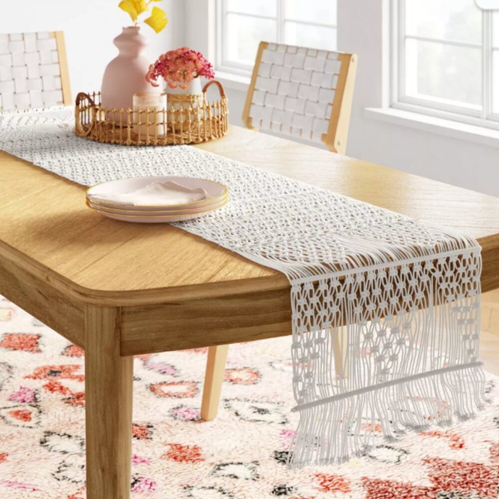 Boho Macrame Fringed Table Runner 14" x 72” by Opal House in Cream